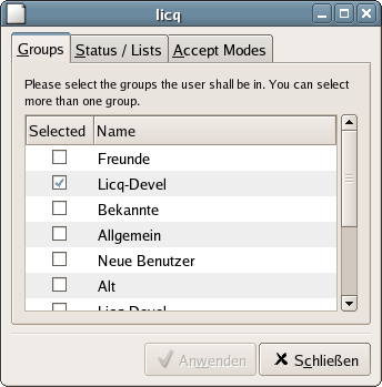 Modes / Groups window